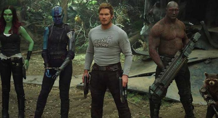 Bradley Cooper, Chris Pratt, Zoe Saldana, Dave Bautista, and Karen Gillan in Guardians of the Galaxy Vol. 2 (2017)