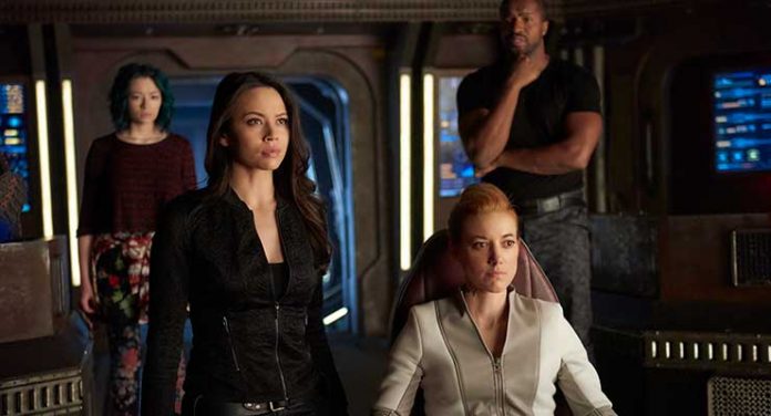 Melissa O'Neil, Zoie Palmer, Roger Cross, and Jodelle Ferland in Dark Matter: Season Two