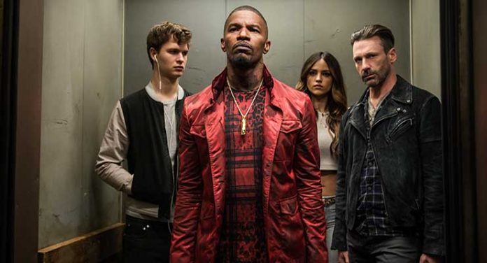 (l to r) Baby (ANSEL ELGORT), Bats (JAMIE FOXX), Darling (EIZA GONZALEZ) and Buddy (JON HAMM) decide on doing the heist in TriStar Pictures’ BABY DRIVER.