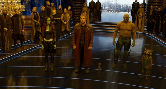 Guardians Of The Galaxy Vol. 2..L to R: Gamora (Zoe Saldana), Star-Lord/Peter Quill (Chris Pratt), Groot (Voiced by Vin Diesel), Drax (Dave Bautista), and Rocket (Voiced by Bradley Cooper)..Ph: Film Frame..©Marvel Studios 2017. Out August 22, 2017 on 4K Ultra HD Blu-ray.