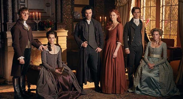 Jack Farthing as George Warleggan, Heida Reed as Elizabeth, Aidan Turner as Ross Poldark, Eleanor Tomlinson as Demelza, Luke Norris as Dwight Enys, and Gabriella Wilde as Caroline Penvenen in Poldark Season 3 on Masterpiece. Photo credit: Mammoth Screen / © ITV plc (ITV Global Entertainment Ltd.).