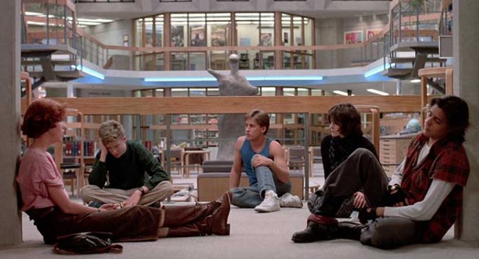 Left to right: Molly Ringwald, Anthony Michael Hall, Emilio Estevez, Ally Sheedy, and Judd Nelson in the Breakfast Club. Photo courtesy of the Criterion Collection.