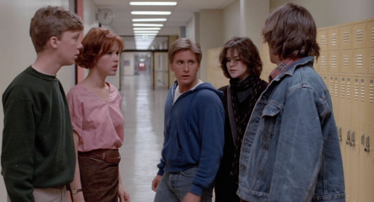 Left to right: Anthony Michael Hall, Molly Ringwald, Emilio Estevez, Ally Sheedy, and Judd Nelson in the Breakfast Club. Photo courtesy of the Criterion Collection.