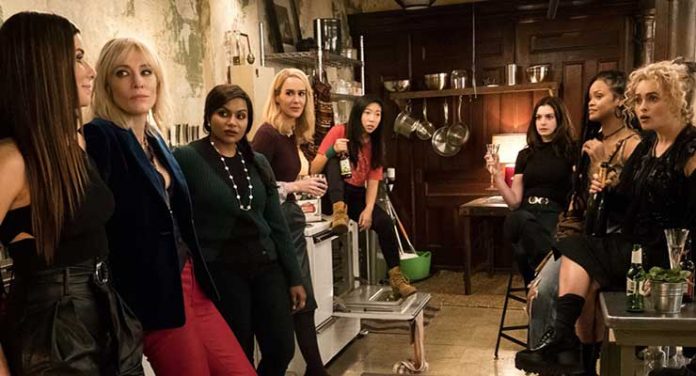 Sandra Bullock, Helena Bonham Carter, Cate Blanchett, Anne Hathaway, Sarah Paulson, Mindy Kaling, Rihanna, and Awkwafina in Ocean's Eight (2018)