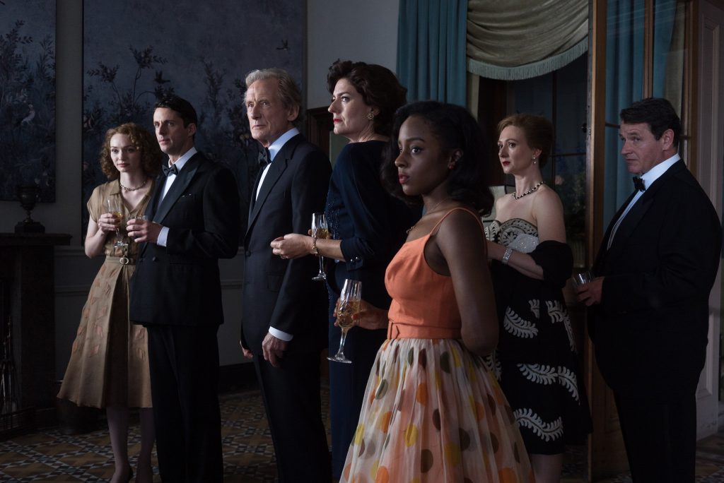 Ordeal by Innocence From left to right: Eleanor Tomlinson as Mary Durrant, Matthew Goode as Philip Durrant, Bill Nighy as Leo Argyll, Anna Chancellor as Rachel Argyll, Crystal Clarke as Tina Argyll, Frances Grey as Lydia Gould, Brian McCardie as Bellamy Gould in Ordeal by Innocence
