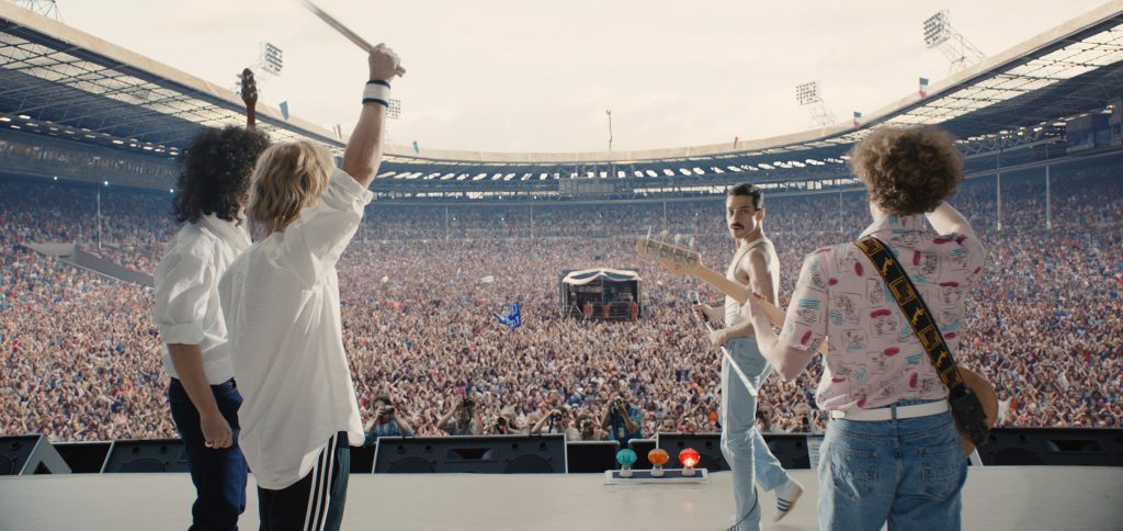 BOHEMIAN RHAPSODY L-R: Gwilym Lee (Brian May), Ben Hardy (Roger Taylor), Rami Malek (Freddie Mercury), and Joe Mazzello (John Deacon) star in Twentieth Century Fox’s BOHEMIAN RHAPSODY. Photo Credit: Courtesy Twentieth Century Fox.