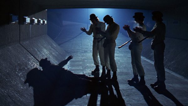 Malcolm McDowell, Warren Clarke, Paul Farrell, James Marcus, and Michael Tarn in A Clockwork Orange (1971)