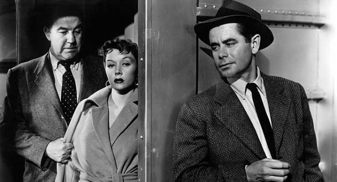 Glenn Ford, Broderick Crawford, and Gloria Grahame in Human Desire (1954)
