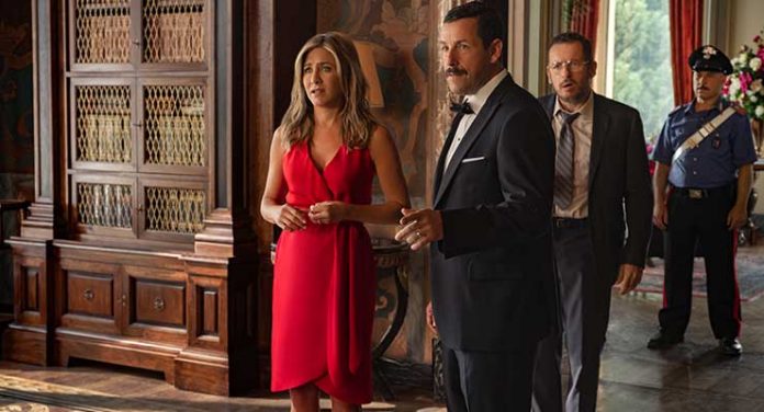 Jennifer Aniston as Audrey Spitz and Adam Sandler as Nick Spitz in MURDER MYSTERY