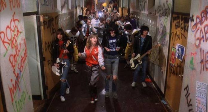 Paul Bartel, P.J. Soles, Clint Howard, Dee Dee Ramone, Joey Ramone, Johnny Ramone, and Ramones in Rock 'n' Roll High School (1979)