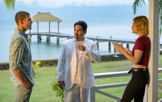 Austin Stowell, Michael Peña and Lucy Hale in Columbia Pictures' BLUMHOUSE'S FANTASY ISLAND.