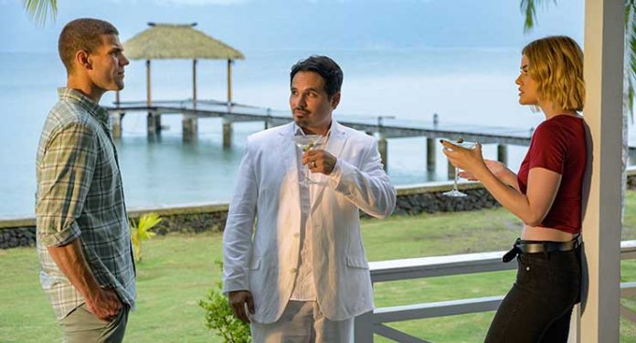 Austin Stowell, Michael Peña and Lucy Hale in Columbia Pictures’ BLUMHOUSE’S FANTASY ISLAND. DF-01507_01567_r - Austin Stowell, Michael Peña and Lucy Hale in Columbia Pictures’ BLUMHOUSE’S FANTASY ISLAND. Photo Credit: Christopher Moss