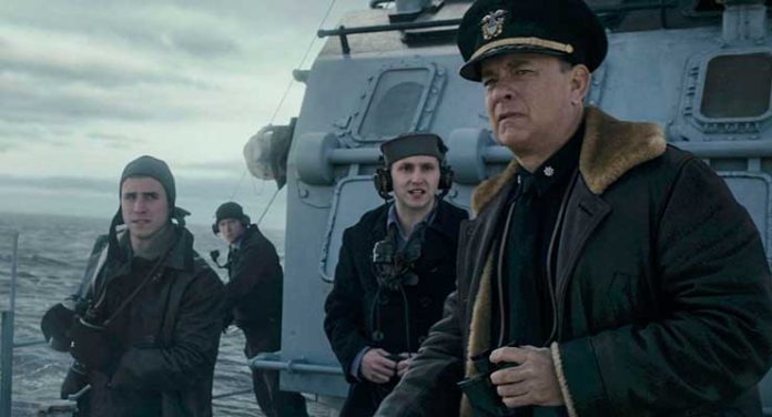 Capt Krause (TOM HANKS) with crew on the lookout for German U-Boats in TriStar Pictures' GREYHOUND.