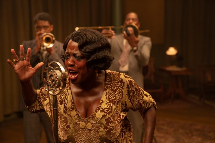 MA RAINEY’S BLACK BOTTOM (2020) Chadwick Boseman as Levee, Viola Davis as Ma Rainey and Colman Domingo as Cutler. Cr. David Lee/NETFLIX