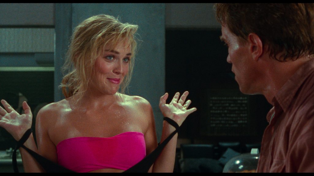 Arnold Schwarzenegger and Sharon Stone in Total Recall (1990) -- Screen Grab courtesy of Lionsgate.