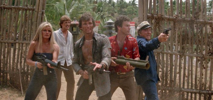 Geoffrey Binney, John Dresden, Jillian Kesner, John Locke, and Cameron Mitchell in Raw Force (1982)
