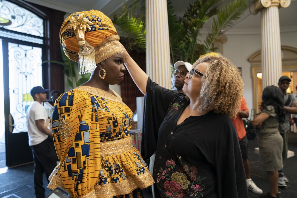 Leslie Jones with Costume Designer Ruth Carter on the set of COMING 2 AMERICA Photo: Quantrell D. Colbert © 2020 Paramount Pictures