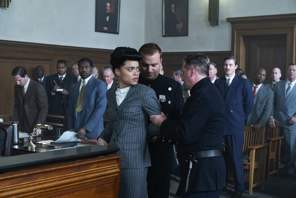 Trevante Rhodes, Andra Day, and Garrett Hedlund in THE UNITED STATES VS. BILLIE HOLIDAY from Paramount Pictures. Photo Credit: Takashi Seida.
