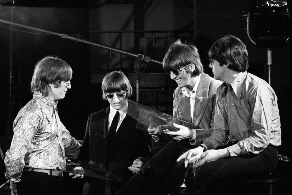 The Beatles in Abbey Road Studios during filming of the Paperback Writer and Rain promotional films. 19 May 1966. © Apple Corps Ltd.
