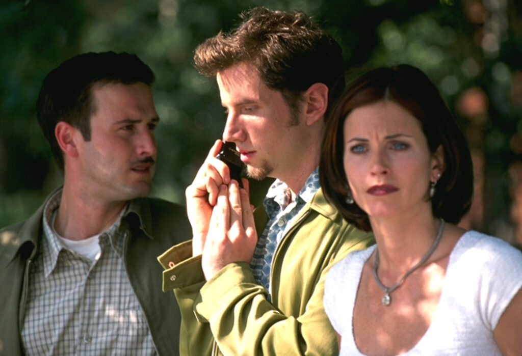 David Arquette, Jamie Kennedy, and Courtney Cox in Scream 2 (1997)