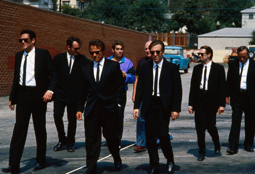 Steve Buscemi, Harvey Keitel, Quentin Tarantino, Michael Madsen, Tim Roth, Chris Penn, Edward Bunker, and Lawrence Tierney in Reservoir Dogs (1992)