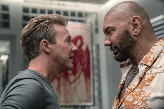 Edward Norton and Dave Bautista in Glass Onion: A Knives Out Mystery (2022)