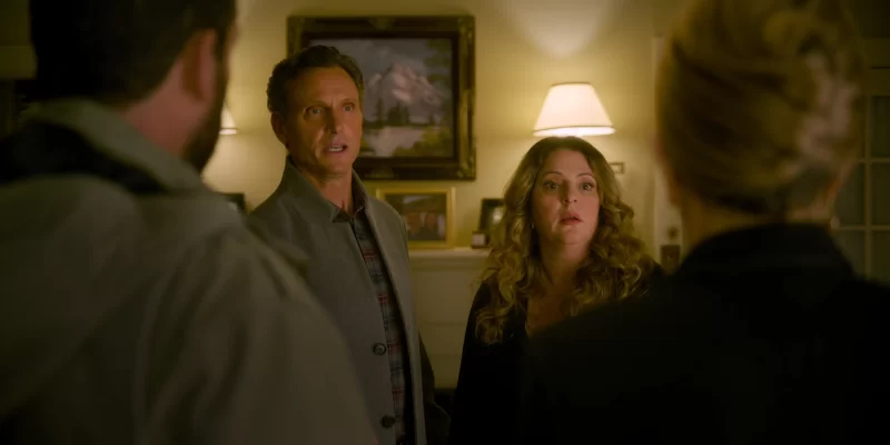 (L to R) Adam Sandler as Nick Spitz, Tony Goldwyn as Silverfox, Annie Mumolo as Mrs. Silverfox and Jennifer Aniston as Audrey Spitz in Murder Mystery 2. Cr. Courtesy of Netflix © 2023.
