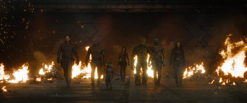 Vin Diesel, Bradley Cooper, Chris Pratt, Zoe Saldana, Dave Bautista, Karen Gillan, and Pom Klementieff in Guardians of the Galaxy Vol. 3 (2023)