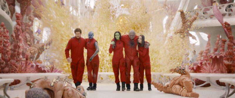 Chris Pratt, Zoe Saldana, Dave Bautista, and Pom Klementieff in Guardians of the Galaxy Vol. 3 (2023)