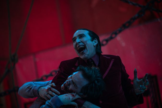 Nicolas Cage as Dracula and Nicholas Hoult as Renfield in Renfield, directed by Chris McKay.