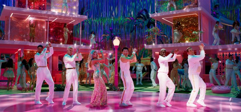 Ryan Gosling, Margot Robbie, Scott Evans, Kingsley Ben-Adir, Simu Liu, and Ncuti Gatwa in Barbie (2023)