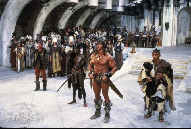 Arnold Schwarzenegger, Grace Jones, Mako, and Tracey Walter in Conan the Destroyer (1984)