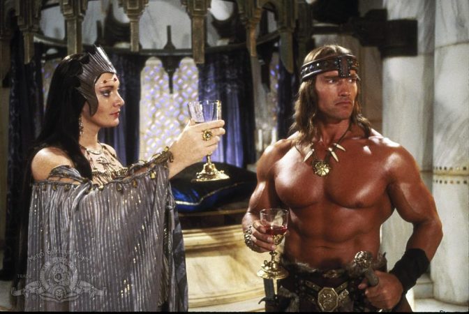 Arnold Schwarzenegger and Sarah Douglas in Conan the Destroyer (1984)